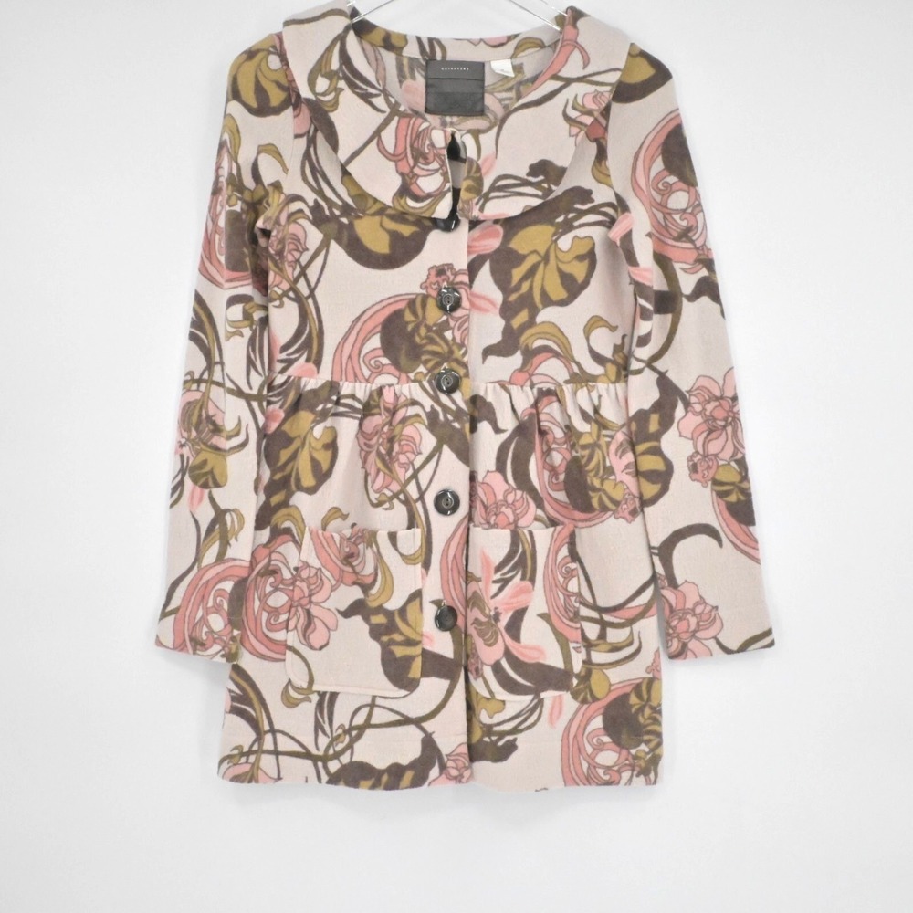 Anthropologie Guinevere Floral Babydoll Cardigan Womens Size XS Pink Merino Wool